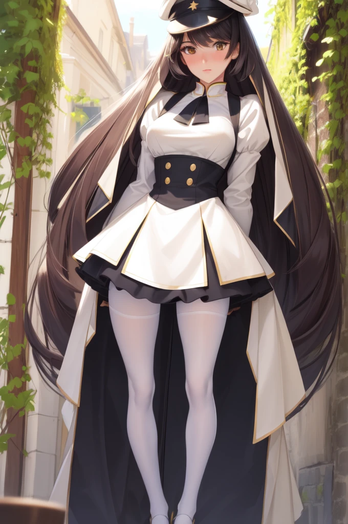 (masterpiece, best quality, ultra detailed), ((full-face blush)), (detailed background:1.2), (perfect face, detailed face), looking at viewer, (mature female:1.4), thick thighs,
 1girl, solo, clorinde, long hair, hat, large breasts, gloves, white gloves, pantyhose, long sleeves, shirt, hair between eyes, skirt, thigh strap, white shirt
(garden, standing, arms behind back, leaning forward),