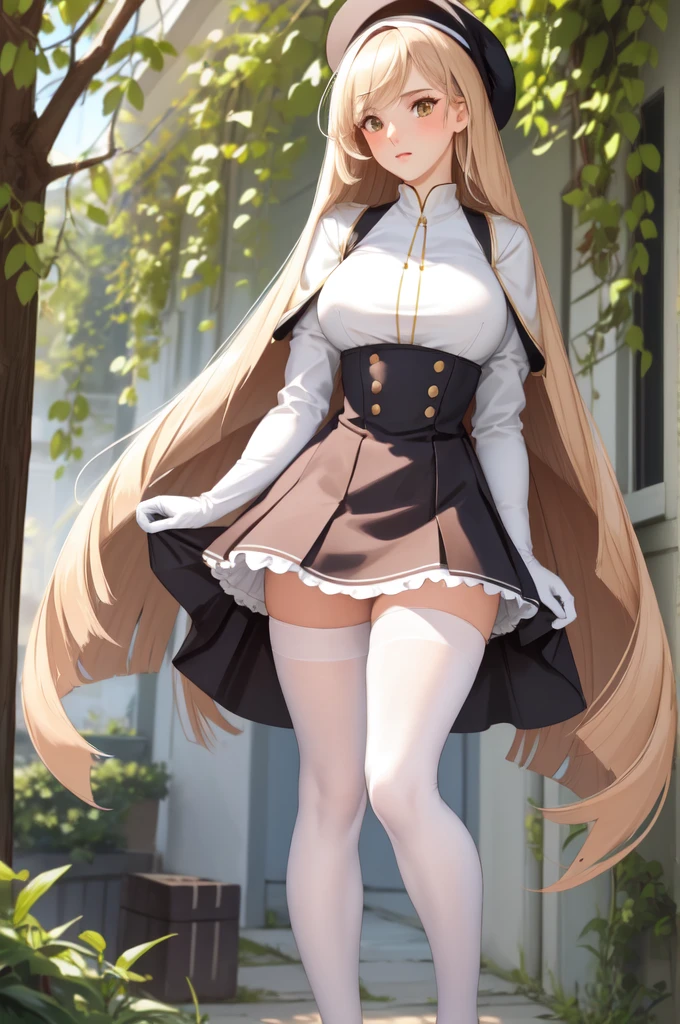 (masterpiece, best quality, ultra detailed), ((full-face blush)), (detailed background:1.2), (perfect face, detailed face), looking at viewer, (mature female:1.4), thick thighs,
 1girl, solo, clorinde, long hair, hat, large breasts, gloves, white gloves, pantyhose, long sleeves, shirt, hair between eyes, skirt, thigh strap, white shirt
(garden, standing, arms behind back, leaning forward),