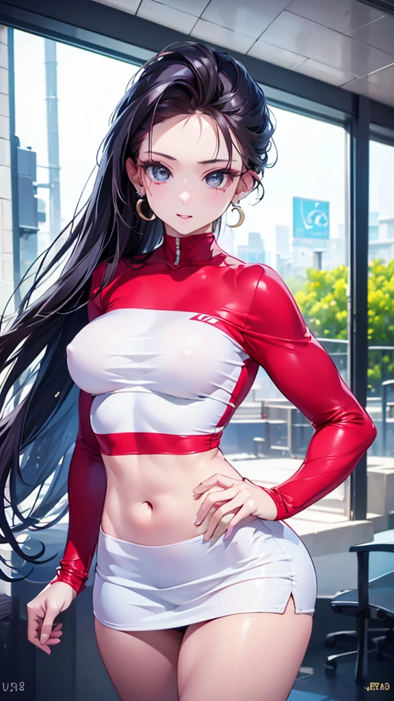 (masterpiece:1.3)、Super detailed finish、(high resolution、8k:1.3)、(of the highest quality、Ultra-realistic like a photo.:1.5)、Sharp focus, Ultra high resolution face、The face is in focus、Ultra high definition and beautiful eyes.、The eyes are symmetrical.:1.3、Beautiful and high definition skin、firm skin、Closeup of face、 、very pretty、very pretty、Natural makeup, bright lips ,, Whole body, jessie_pokemon, earrings, rocket team uniform, crop top, very long hair, purple hair, slicked back hair, white miniskirt, looking at the viewer, happy