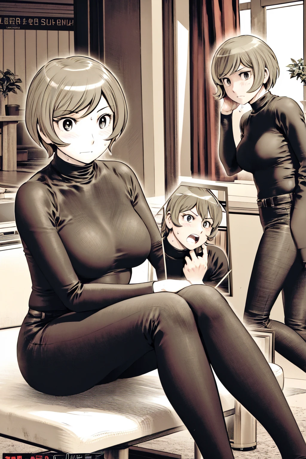 、(masterpiece、Highest quality)、Highest quality, Ultra-high resolution, (((masterpiece))), alone, Sweat、Big eyes,office、tight white dress shirt、Tight black suit、Tight black pants、indoor、Composition from the front、(後ろCut your hair short、short hair、blonde、woman)、Shortcuts、Embarrassed face、Cut your hair short、可愛いwomanの子、Big Breasts、Sit on a chair、Face to face、Composition from the front、View your audience