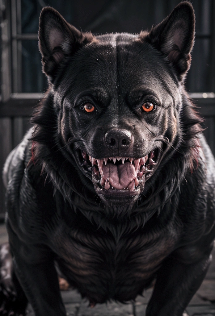 a scary dog with red eyes, jumping to attack, baring sharp teeth, vicious expression, snarling, muscular body, dark fur, dynamic motion blur, cinematic lighting, horror atmosphere, dark moody colors, photorealistic, 8k, highly detailed, masterpiece