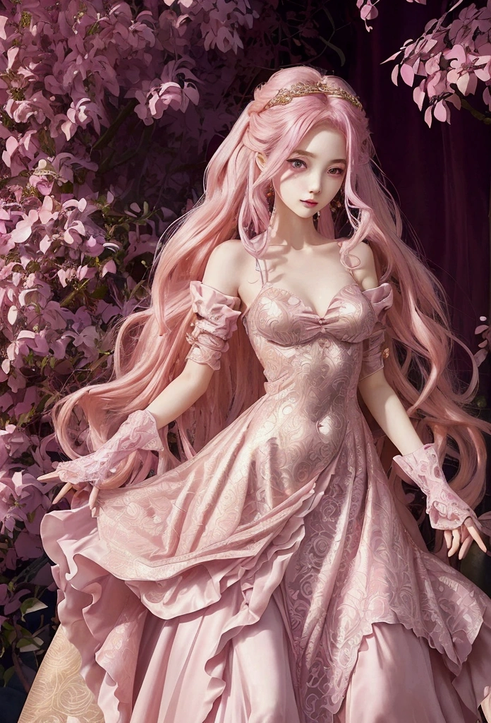 Create an anime-style girl with deep magenta eyes and long, wavy pink hair styled in an elegant updo. She is slender with small breasts. She wears a regal, ethereal dress with elegant and fantasy elements, featuring a gold, pastel pink, and rose gold color scheme. The dress has intricate spider web patterns and motifs.