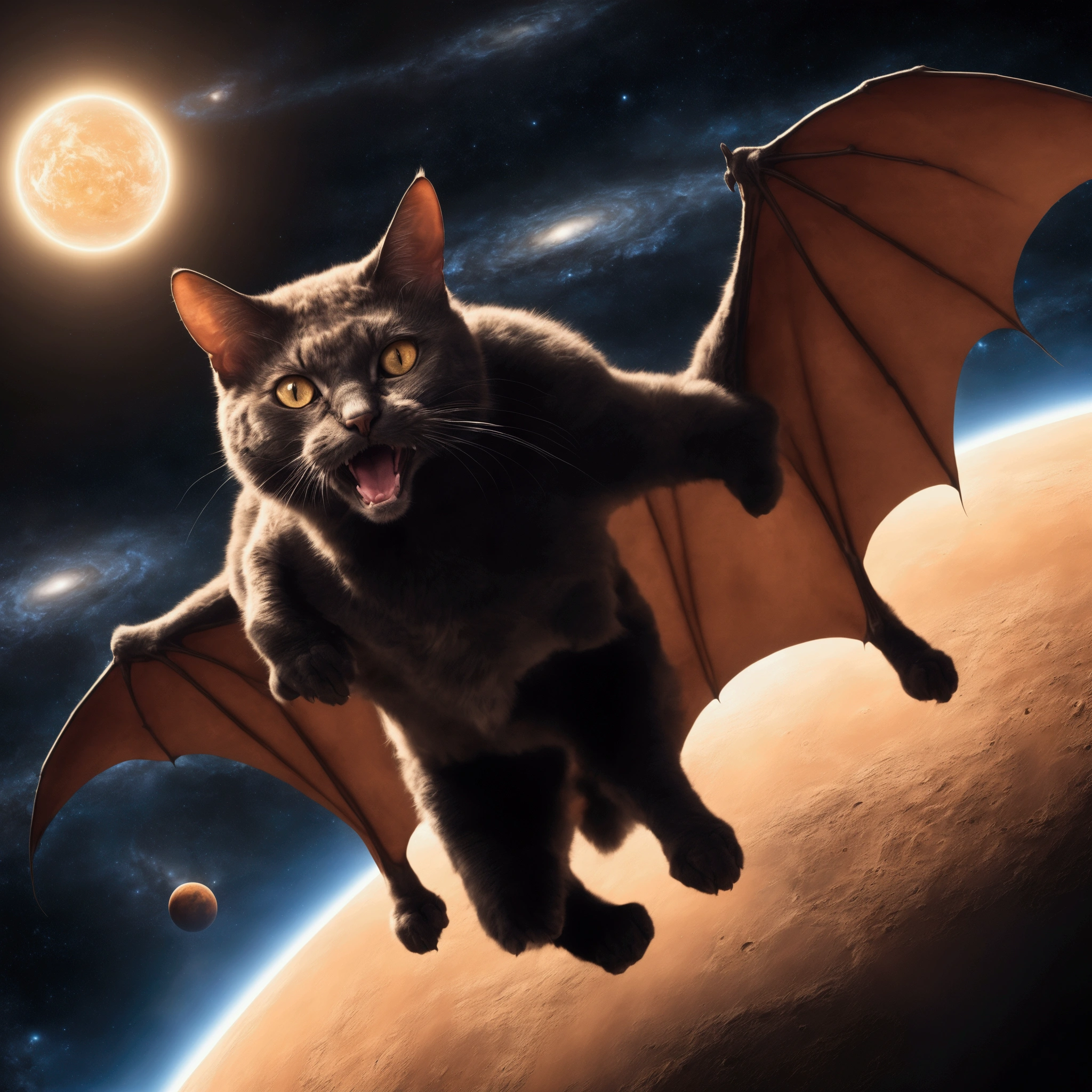 A gigantic cat bats the earh around as it chases Earth across the solar system