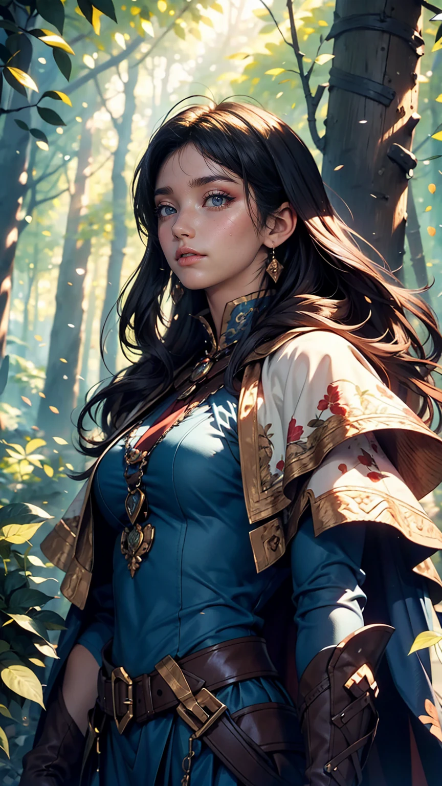 masterpiece, Highest quality, Marianne_Time Skip, Blue clothes, Capelet, Dark alpine forest, Are standing, night, look up, Upper Body, Detailed face 