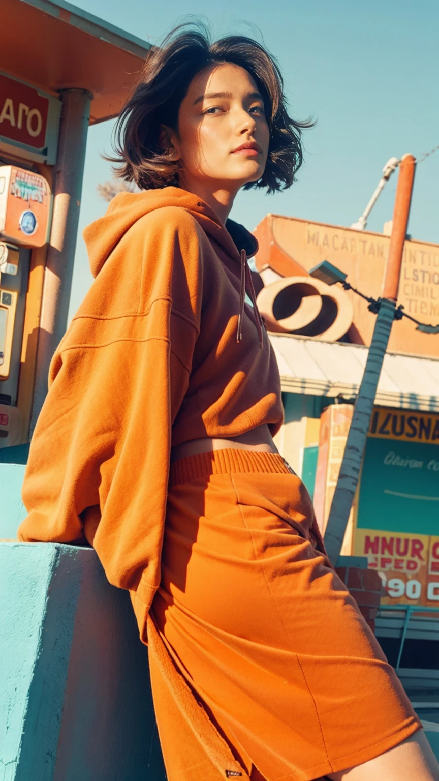 (medium cinematic shot portrait), of cute 23 yo girl (perfect plump body) ,wear ((orange color oversized_hoodie)), wear ((purple tennis skirt)),looking front,Best Quality,Masterpiece,Ultra High Resolution,(Realisticity:1.4),Original Photo, 1Girl, light leak,ultra high resolution,UHD,beautiful, (black bob hair), almond eye, no makeup, in front of ((80's colorful gas station)), (realistic:1.2), (surreal:1.3), (very detailed:1.1), ((masterpiece)),summer, blue sky, palm trees,sunny, los angles vibes,film camera, 800mm lens,style of Philip Lorca diCorcia