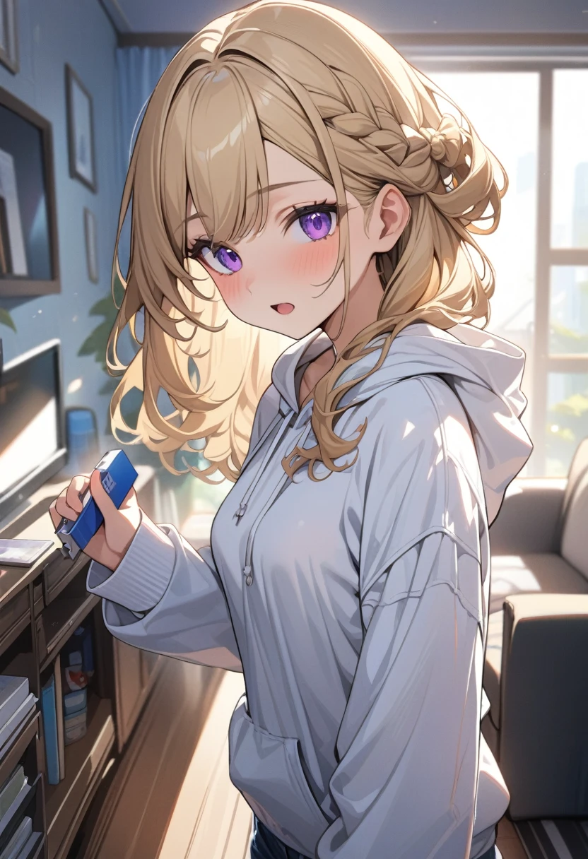 masterpiece, best quality, extremely detailed, ultra detailed, flat anime, 2D,
1girl, (young adult:1.2),blonde hair, (semi-long hair:1.2), curly hair, french braid, medium breasts, purple eyes, tsurime, height 1.7meters, 
white hooded sweatshirt, jeans,bracelet, long sleeves,socks,
very interesting, open mouth, ((USB flash drive in hand)), 
upper body, portrait, looking back
summer, livingroom, 12AM., standing