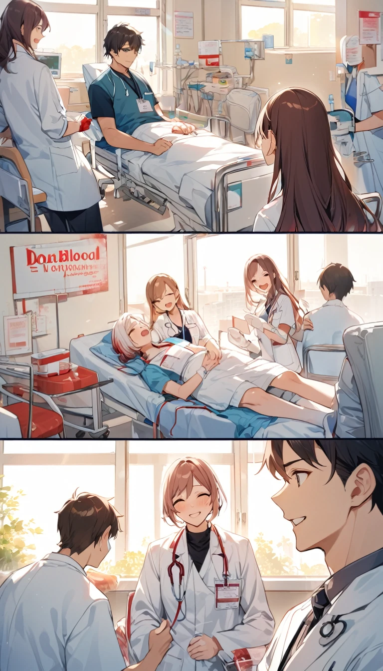 happy atmosphere，encourage，hospital，Donate blood，doctor