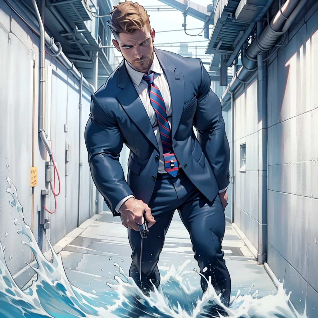 1 man, male focus solo, middle aged man,((( Stephen AMELL ))) as private investigator, lean muscle,very light blue shirt, marine blue businessman suit ,( red tie) ,( big bulge), full body shot, dark blond short hair, well groomed facial hair, holding a gun with one hand, , ultra high quality, masterpiece, (clear intense a splash of color blue and white paint in the blackground)