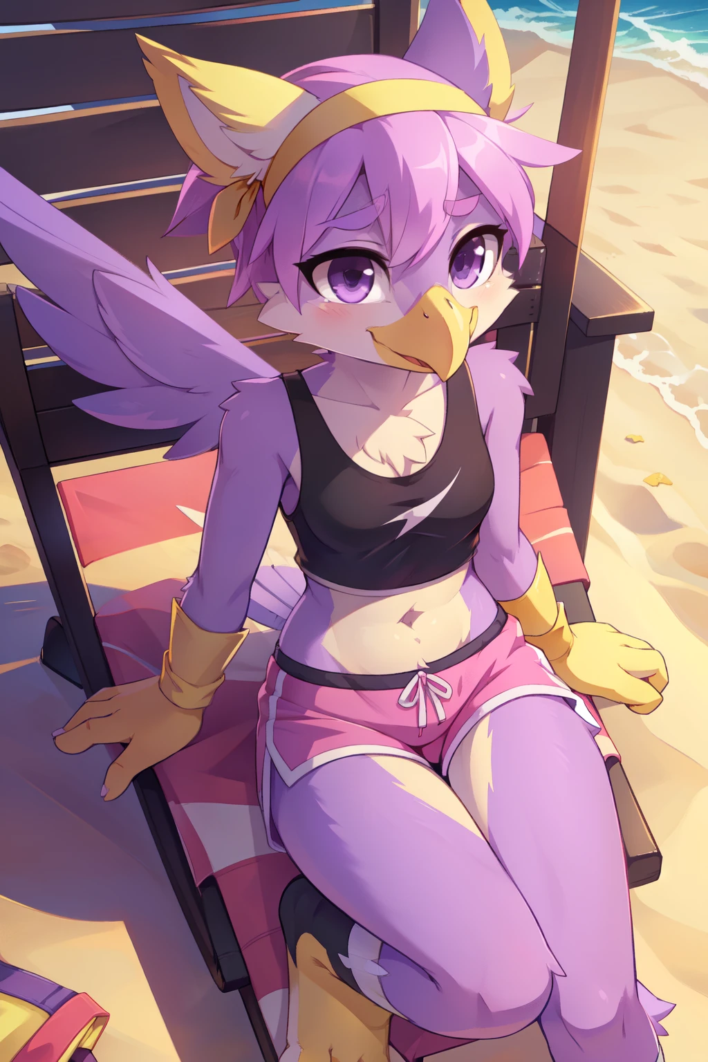 femboy, wolf boy, male, flat chested, grey fur, white feathered wings, blue eyes, skirted one-piece swimsuit, beach setting,