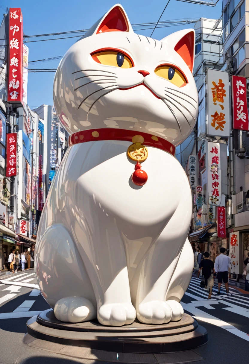 Highest quality, Highest quality, 16K, Unbelievably absurd, Very detailed, delicate and dynamic, Natural light, A giant ceramic beckoning cat figurine,  30m tall beckoning cat, shrine