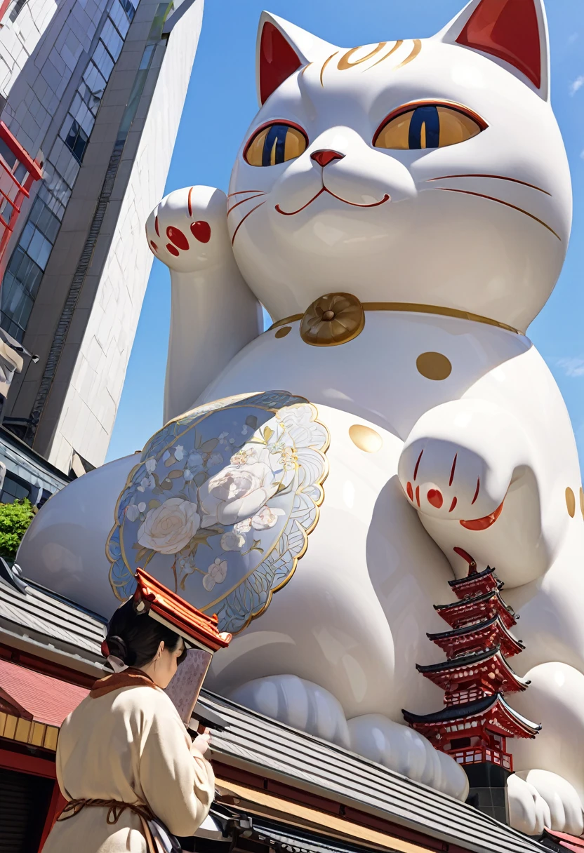 Highest quality, Highest quality, 16K, Unbelievably absurd, Very detailed, delicate and dynamic, Natural light, A giant ceramic beckoning cat figurine,  30m tall beckoning cat, Tokyo Japan 