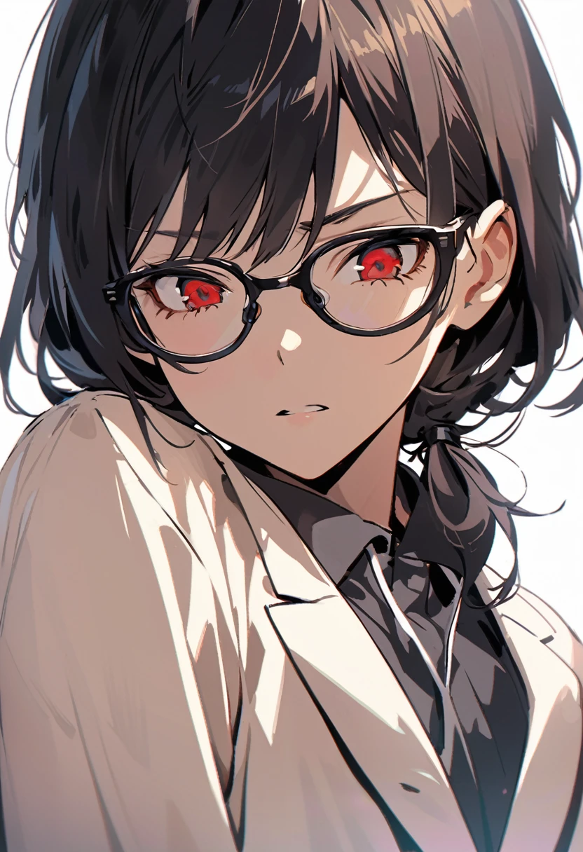A high school girl with black short bob hair, Glasses,Red ribbon tie,wearing a navy blazer ,Worry,Serious expression