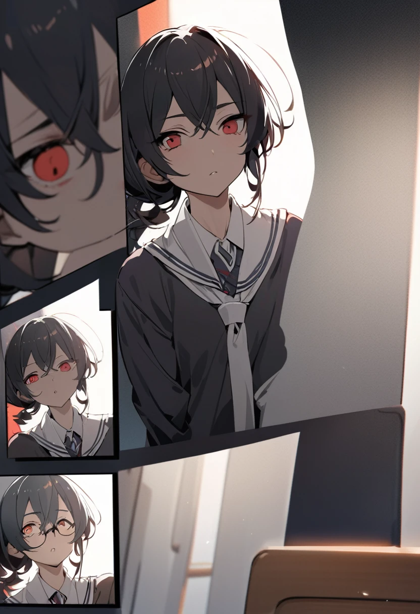 (masterpiece; best quality: 1.2), (finely detailed eyes: 1.3), ((25 year old woman)), ((solo)), (red eyes: 1.4), (body; gorgeous, soft, femenine: 1.3), (silky black hair + low ponytail: 1.3), (beautiful and clear background: 1.2), ((depth of field)), (equipment: labcoat +black shirt + white necktie + white pants + black square glasses: 1.3), (anime illustration: 1.2), (background composition; japanese highschool classroom + furniture: 1.1), (extremely fine and beautiful: 1.1), (shot composition; standing + centered on torso + close-up: 1.5), (expression; calm, stoic: 1.2)
