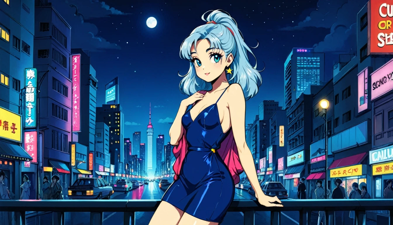 Highest quality, City Pop Style,girl,night,cute,1980s