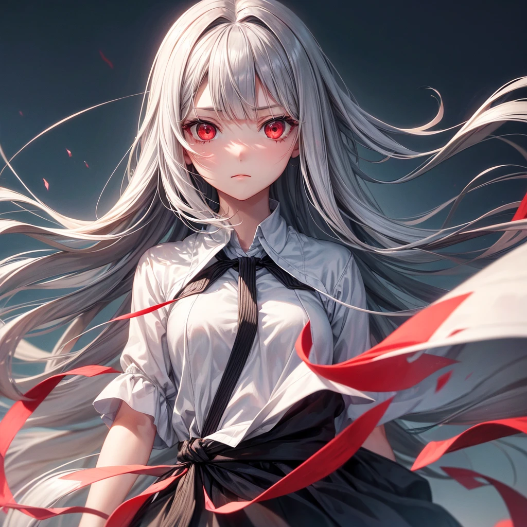One girl, Long Hair, High resolution, Gaze, Food, Gray Hair, Simple Background, far and near method, Illustration, Hair blowing in the wind, Deco bangs, Red eyes, Sad, mysterious、beautiful