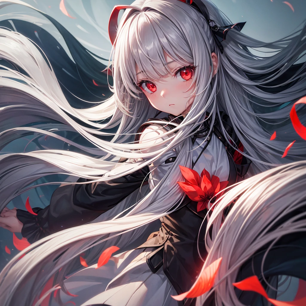 One girl, Long Hair, High resolution, Gaze, Food, Gray Hair, Simple Background, far and near method, Illustration, Hair blowing in the wind, Deco bangs, Red eyes, Sad, mysterious、beautiful