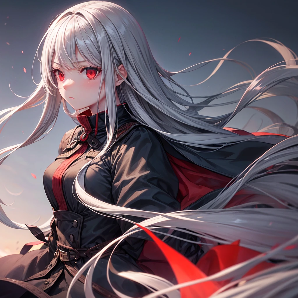 One girl, Long Hair, High resolution, Gaze, Food, Gray Hair, Simple Background, far and near method, Illustration, Hair blowing in the wind, Deco bangs, Red eyes, Sad, mysterious、beautiful