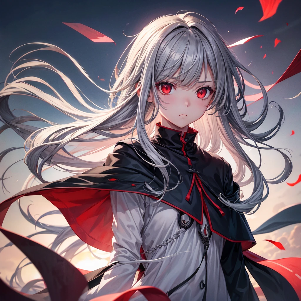 One girl, Long Hair, High resolution, Gaze, Food, Gray Hair, Simple Background, far and near method, Illustration, Hair blowing in the wind, Deco bangs, Red eyes, Sad, mysterious、beautiful