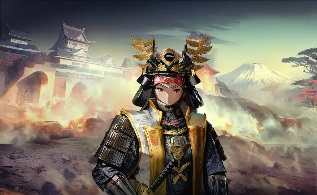 Female, (girls:1.5), (exceptional, best aesthetic, new, newest, best quality, anime, waifu:1.2), best quality, ultra detailed, absurdres, highres, colored, good anatomy, black hair, pretty face, Japanese Samurai armor, Samurai helmet, laurel leaves on helmet, swords, cape, Japanese castle, tree, snow mountain, fire,