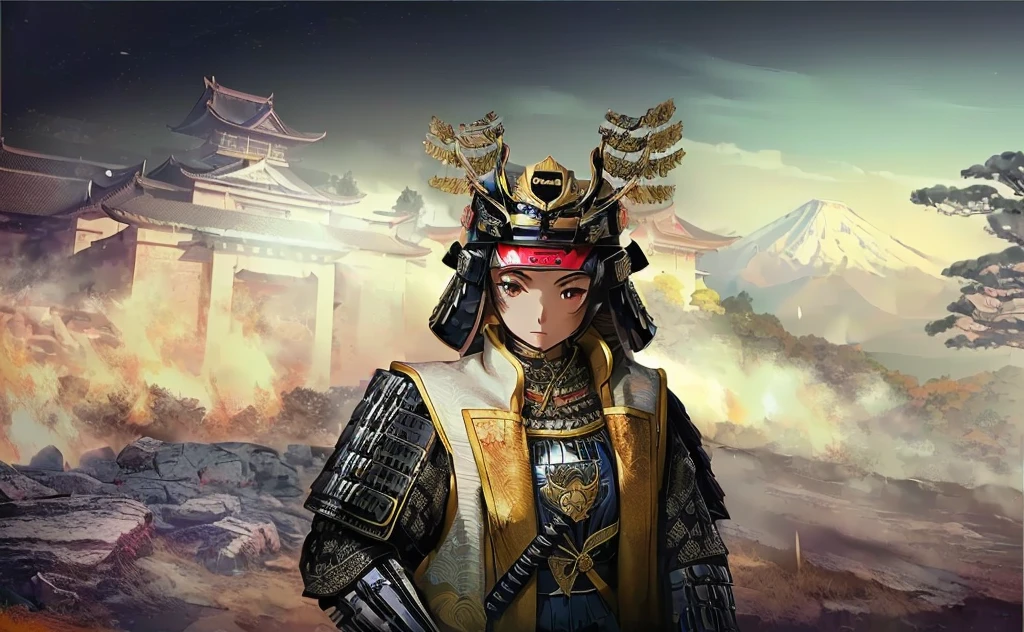 Female, (girls:1.5), (exceptional, best aesthetic, new, newest, best quality, anime, waifu:1.2), best quality, ultra detailed, absurdres, highres, colored, good anatomy, black hair, pretty face, Japanese Samurai armor, Samurai helmet, laurel leaves on helmet, swords, cape, Japanese castle, tree, snow mountain, fire,
