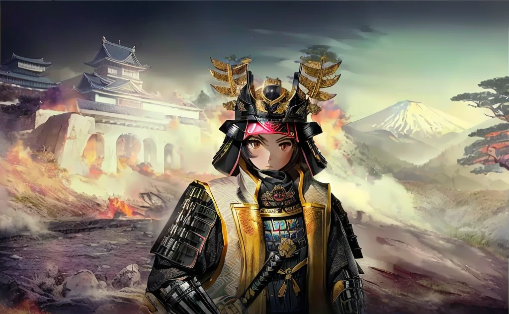 Female, (girls:1.5), (exceptional, best aesthetic, new, newest, best quality, anime, waifu:1.2), best quality, ultra detailed, absurdres, highres, colored, good anatomy, black hair, pretty face, Japanese Samurai armor, Samurai helmet, laurel leaves on helmet, swords, cape, Japanese castle, tree, snow mountain, fire,