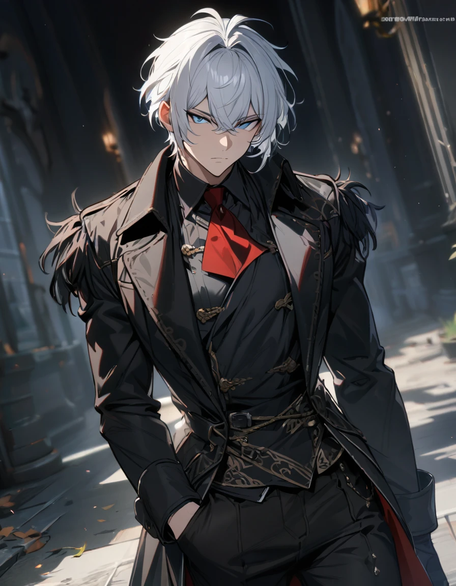 1 male, short hair, white hair, blue eyes, diluc clothes, (best quality,4k,highres,masterpiece:1.2), slightly muscular