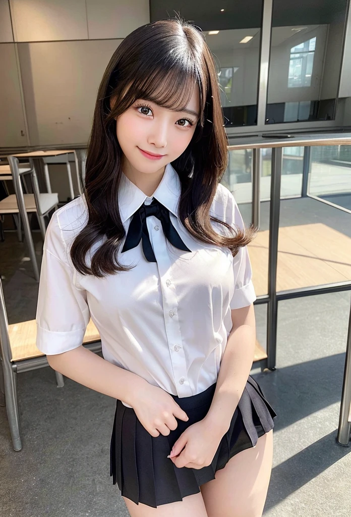 Highest quality, masterpiece,8k, Ultra-high resolution, （Smile）,(Realistic: 1.4), RAW Photos, Dynamic Pose,Black Hair,((uniform)),Young,1 girl, Glowing Skin, classroom, Dramatic lighting, whole body, high school girl,（underwear）