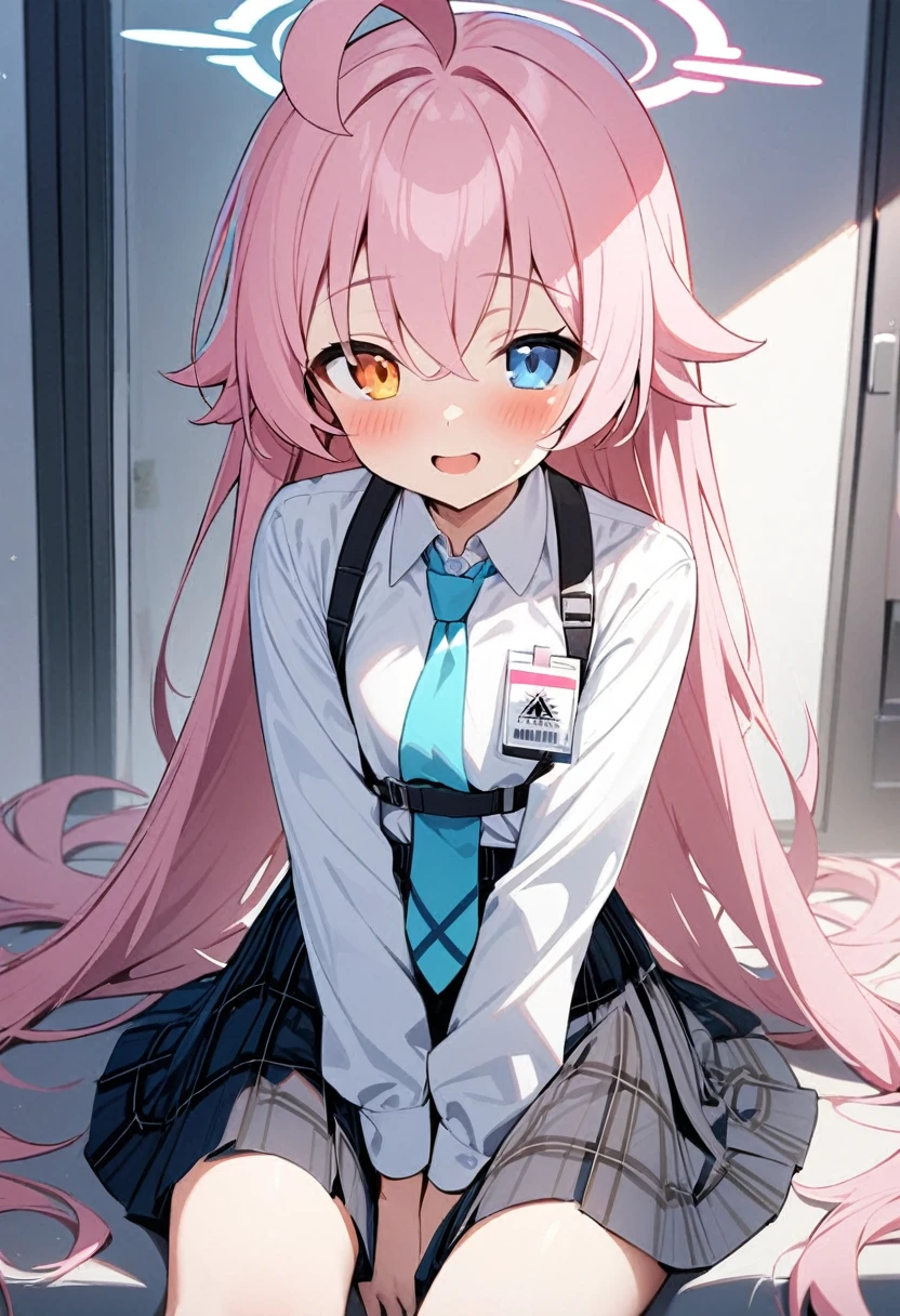 1girl, hoshino (blue archive), solo, heterochromia, pink hair, skirt, long hair, necktie, ahoge, shirt, halo, plaid skirt, blue eyes, plaid, looking at viewer, white shirt, sitting, orange eyes, chest harness, harness, long sleeves, id card, open mouth, very long hair, collared shirt, smile, blue necktie, bangs, feet out of frame, between legs, hand between legs, blush, hair between eyes, highres,masterpiece, best quality