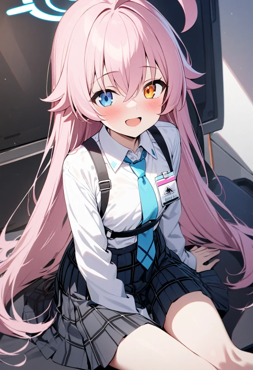 1girl, hoshino (blue archive), solo, heterochromia, pink hair, skirt, long hair, necktie, ahoge, shirt, halo, plaid skirt, blue eyes, plaid, looking at viewer, white shirt, sitting, orange eyes, chest harness, harness, long sleeves, id card, open mouth, very long hair, collared shirt, smile, blue necktie, bangs, feet out of frame, between legs, hand between legs, blush, hair between eyes, highres,masterpiece, best quality