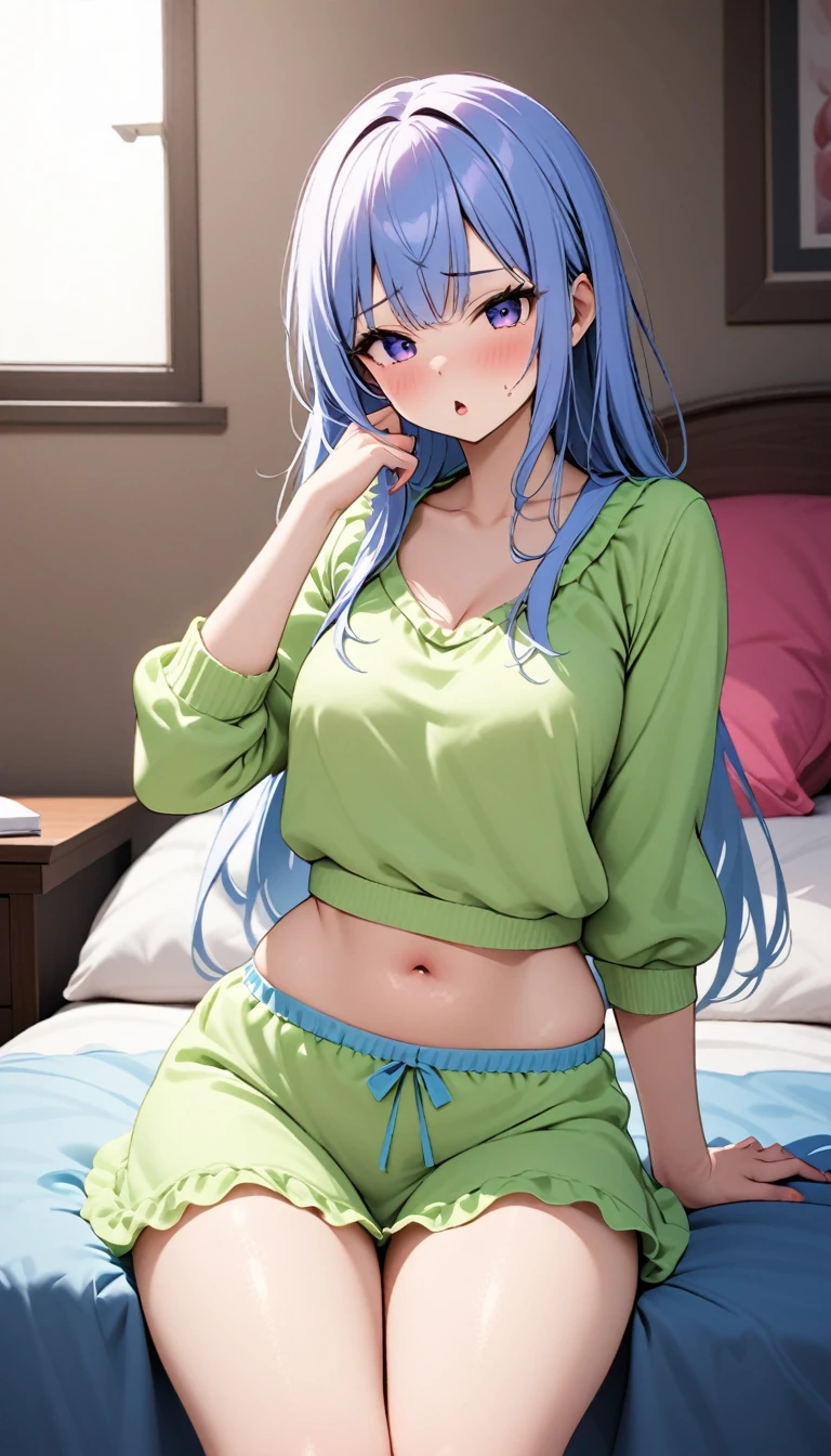 {{{NSFW}}},(masterpiece:1.2),(ultra quality:1.2),(ultra detailed:1.2),(ultra-high resolution:1.2),(very fine 8K CG wallpaper:1.2),Mejiro McQueen\(umamusume\),{1 girl,beautiful girl,cute,smile,kawaii, lovely,blushing,playful expression},sharp focus,oily skin,beautiful detailed hair,glossy hair,(wear school uniform:1.5),(lying on the bed:1.2),wear long school skirt,perfect two legs,(spread two legs:1.2),(show-off-white-panties:1.3),five fingers,large breaths,wear black pantyhose,beautiful detailed eyes,jewel like eyes,violet eyes, (two hands behind head:1.1),open mouth,armpits, solo,beautiful navel, looking at viewer,collarbone,earring