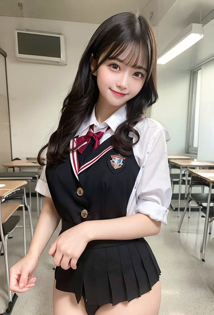 Highest quality, masterpiece,8k, Ultra-high resolution, (Smile),(Realistic: 1.4), RAW Photos, Dynamic Pose,Black Hair,((uniform)),Young,1 girl, Glowing Skin, classroom, Dramatic lighting, whole body, high school girl,(underwear)