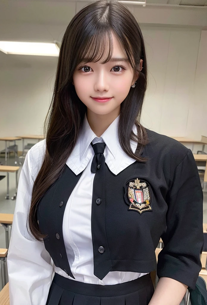 Highest quality, masterpiece,8k, Ultra-high resolution, (Smile),(Realistic: 1.4), RAW Photos, Dynamic Pose,Black Hair,((uniform)),Young,1 girl, Glowing Skin, classroom, Dramatic lighting, whole body, high school girl,(underwear)
