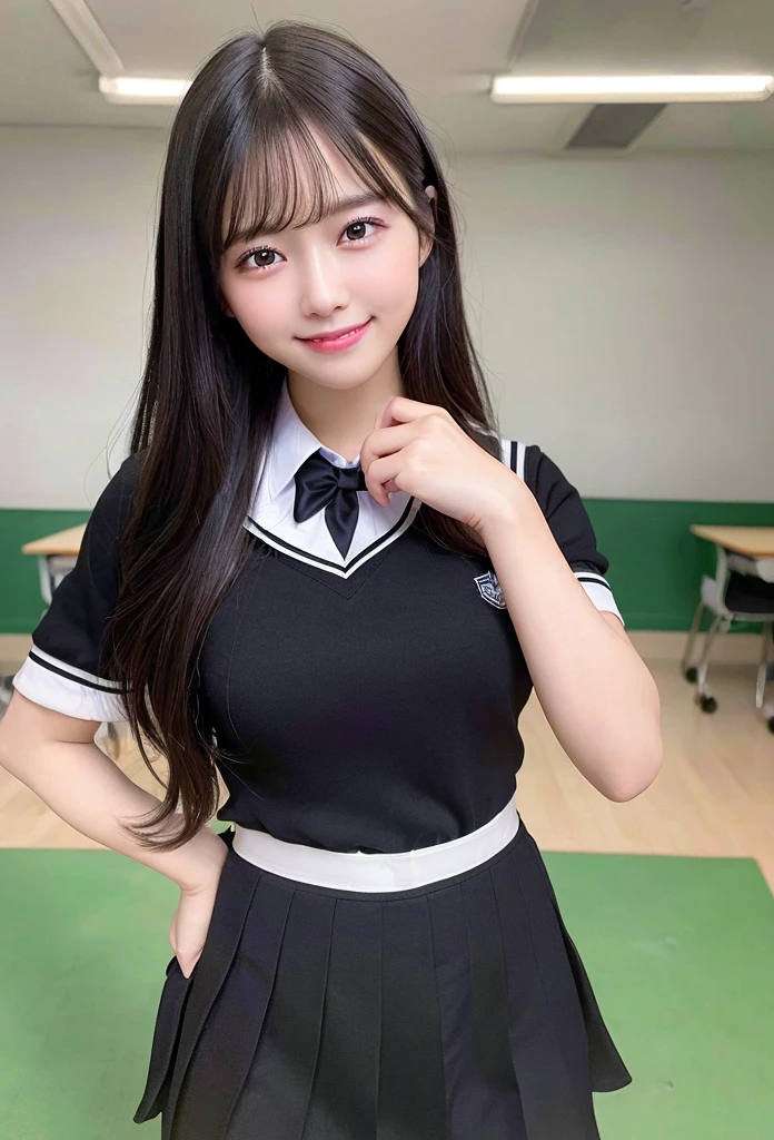 Highest quality, masterpiece,8k, Ultra-high resolution, (Smile),(Realistic: 1.4), RAW Photos, Dynamic Pose,Black Hair,((uniform)),Young,1 girl, Glowing Skin, classroom, Dramatic lighting, whole body, high school girl,(underwear)