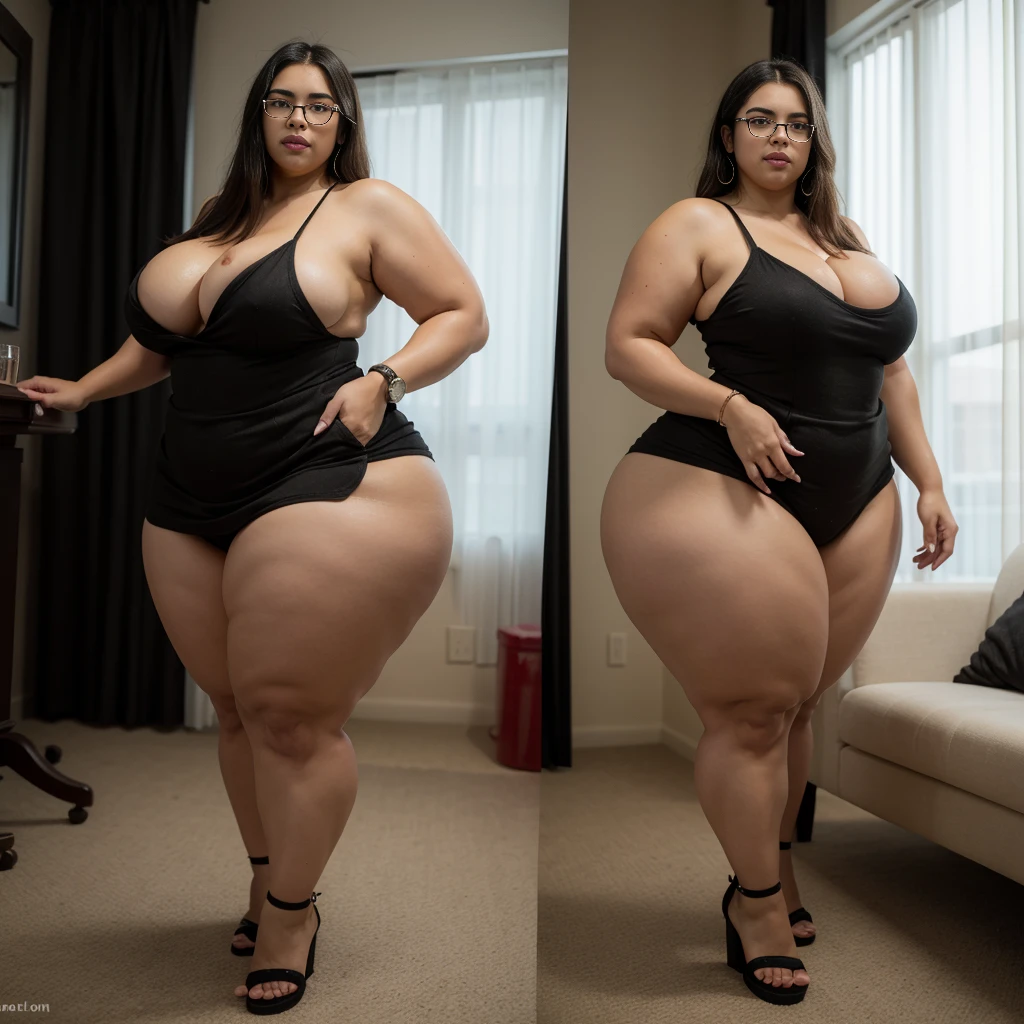 ((best quality)), ((masterpiece)), (detailed), perfect face, thicc woman, beautiful face , thicc girl , widest hips , thicc , thicc body , thicc thighs , slim arms, huge large breasts, her body is thicc, full body view, dark-black room, black bokeh background, thight dress, wearing sandles, short hairstyle, wearing a watch, tall woman, restore face, dark skin , longest thight pants , glasses , cold vibes, , 4k resolution, Ethiopian goddess