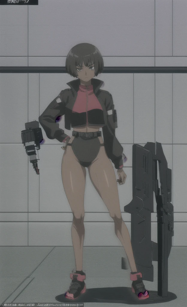 90s anime thin grown black skinned women with short black hair wearing a swat gear full body
