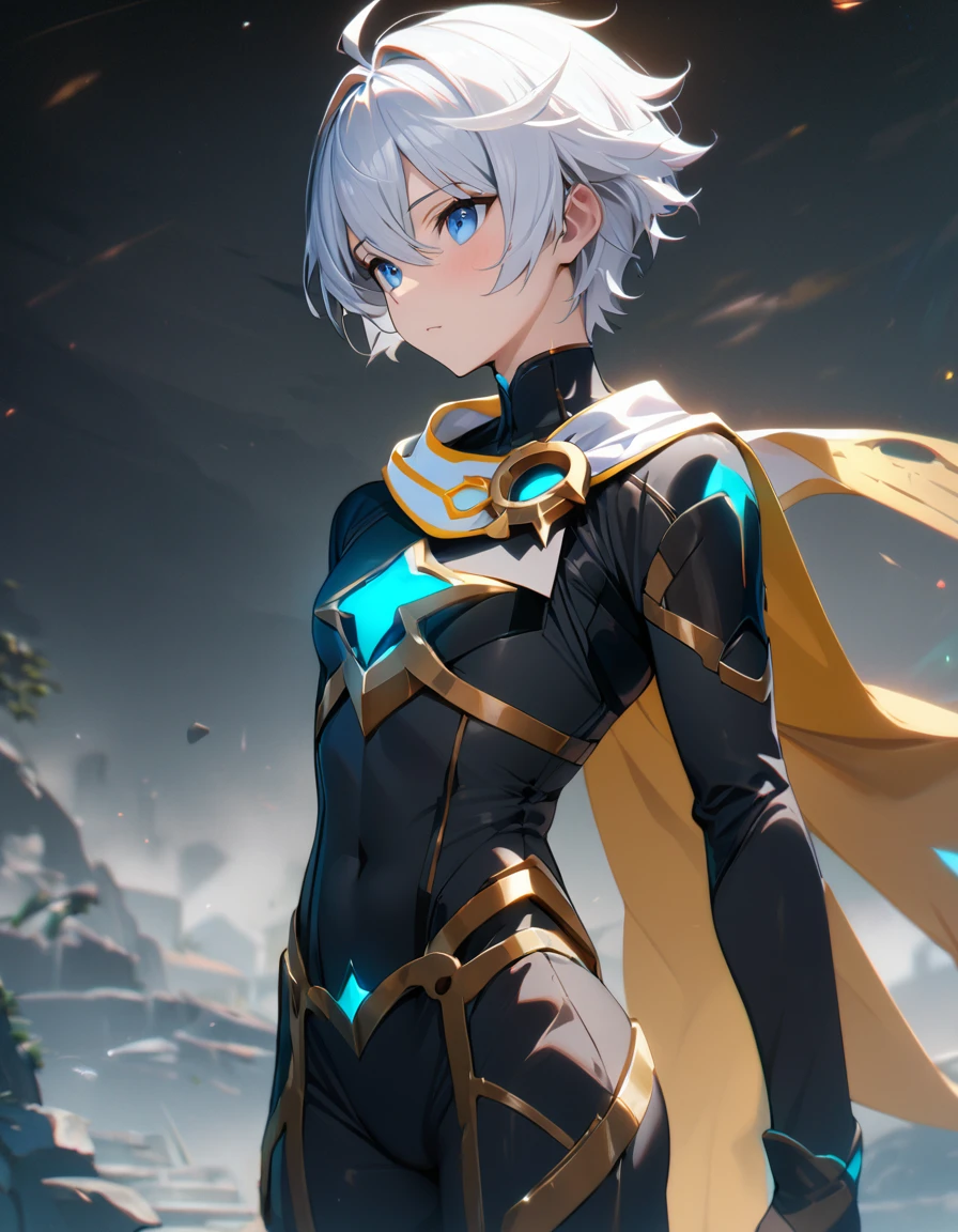 1 male, short hair, white hair, blue eyes, aether clothes, (best quality,4k,highres,masterpiece:1.2), slim body