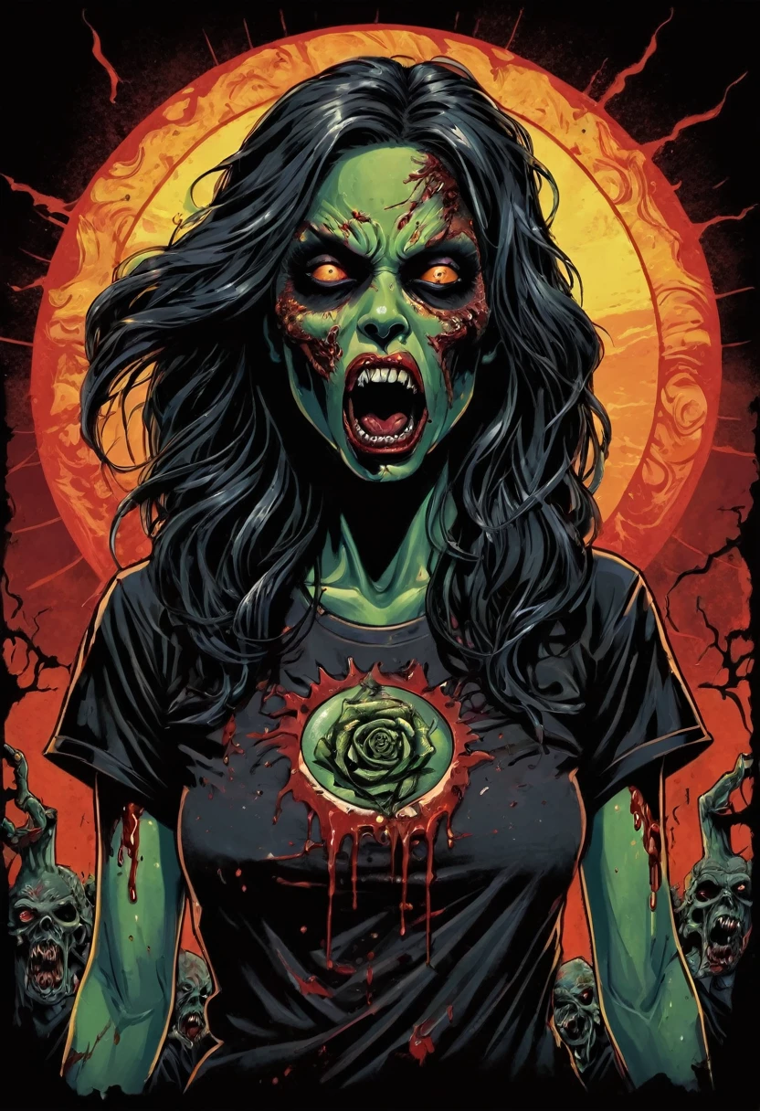 t-shirt design, Design a menacing black t-shirt with a full body woman zombie motif inspired by heavy metal music aesthetics. The artwork features a sleek, woman zombie coiled sinuously, its scales glistening in the dim light. woman zombie's mouth is wide open, revealing rows of razor-sharp teeth dripping with blood, exuding a sense of raw, primal aggression, bright sky and big sun in background, enhancing the ominous atmosphere of the design. woman zombie's eyes gleam with a malevolent glint, capturing the essence of danger and violence. The overall style is bold and intense, embodying the dark and edgy spirit of heavy metal music.