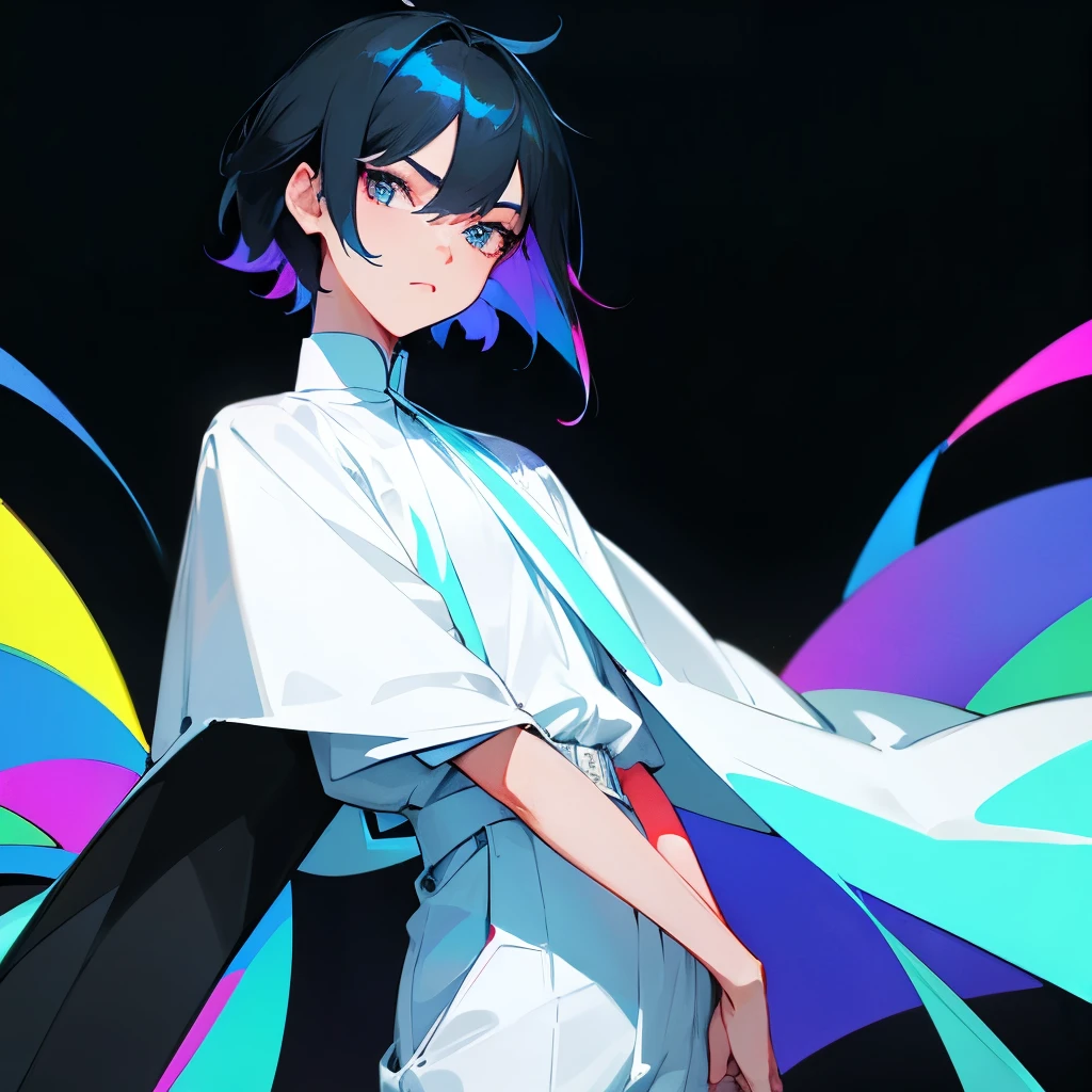 Androgynous and well-proportioned face。Her hair is short。Black Hair。
Wearing a white shirt and a black cape。A refreshing look。In his hand he holds a thin sword that shines with rainbow colors.。Simple look。