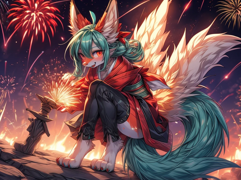 The best quality, Japanese adolescent hatsune miku x kitsune , fox face elongated snout add-detail, Surprise face, sweaty body, heated add_detail,, kitsune warrior in the spring hanami add_detail:1, barefoot add_detail:1 mistycal aura, demon slayer style enjoy the fireworks