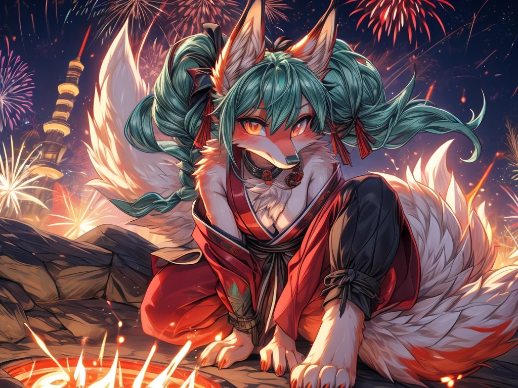The best quality, Japanese adolescent hatsune miku x kitsune , fox face elongated snout add-detail, Surprise face, sweaty body, heated add_detail,, kitsune warrior in the spring hanami add_detail:1, barefoot add_detail:1 mistycal aura, demon slayer style enjoy the fireworks