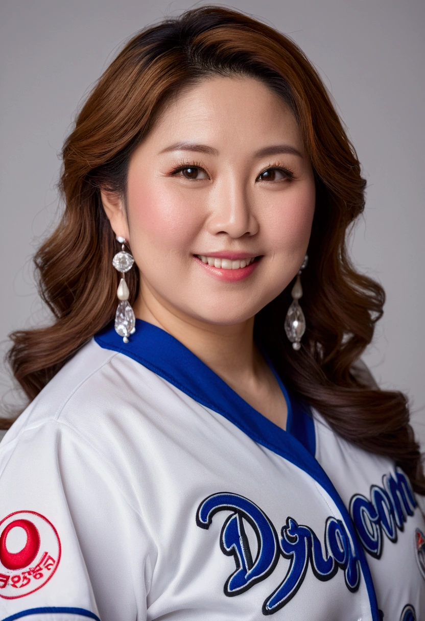 A chubby woman wearing a Chunichi Dragons uniform, Beautiful attention to detail, Beautiful lip detail, Highly detailed face and skin, Long eyelashes, Wavy Hair, dragon earrings, Full Body Shot, Photo studio, Blowing hair,
Japan woman at 47 years old, 4K Photos, high quality, Professional Camera, 14mm F1.4 lenses, Beautiful bokeh, model, Graceful pose,smile,Big eyes、