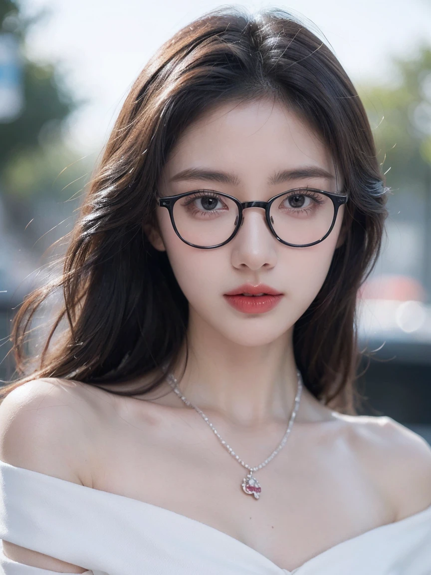Top CG, Highest image quality, masterpiece, Gentle and beautiful girl, (185cm美女), (fit), Imperial sister, Queen temperament, White skin, Perfect facial features, Bright Eyes, Red lips, Beautiful and cold (A major breakthrough)), Beautiful and heroic, Soft and long hair, shiny, Lace, net, Visible through clear skin, wear glasses, ruby neckLace, (black off-shoulder tops), 8K Image Quality, (Realistic Portraits), Characters fill the screen, (Facial lighting), ((eternal),Half frame glasses,Slightly tilt your head,Background café,