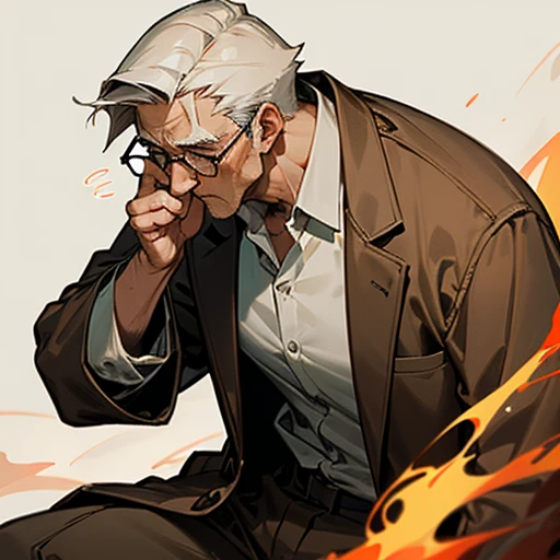 Elderly men。Wearing glasses。Wearing a white shirt and brown jacket and trousers。There is a bonfire。He is thinking with his chin on his hands.。
The background is a misty forest。
