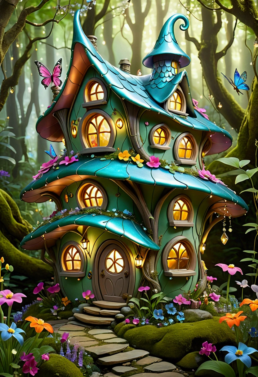 A magical fairy house nestled in the heart of a mystical forest, with vibrant flowers and sparkling streams surrounding it. The house is made of shimmering crystals and has a whimsical, curved roof that resembles a fairy's wings.