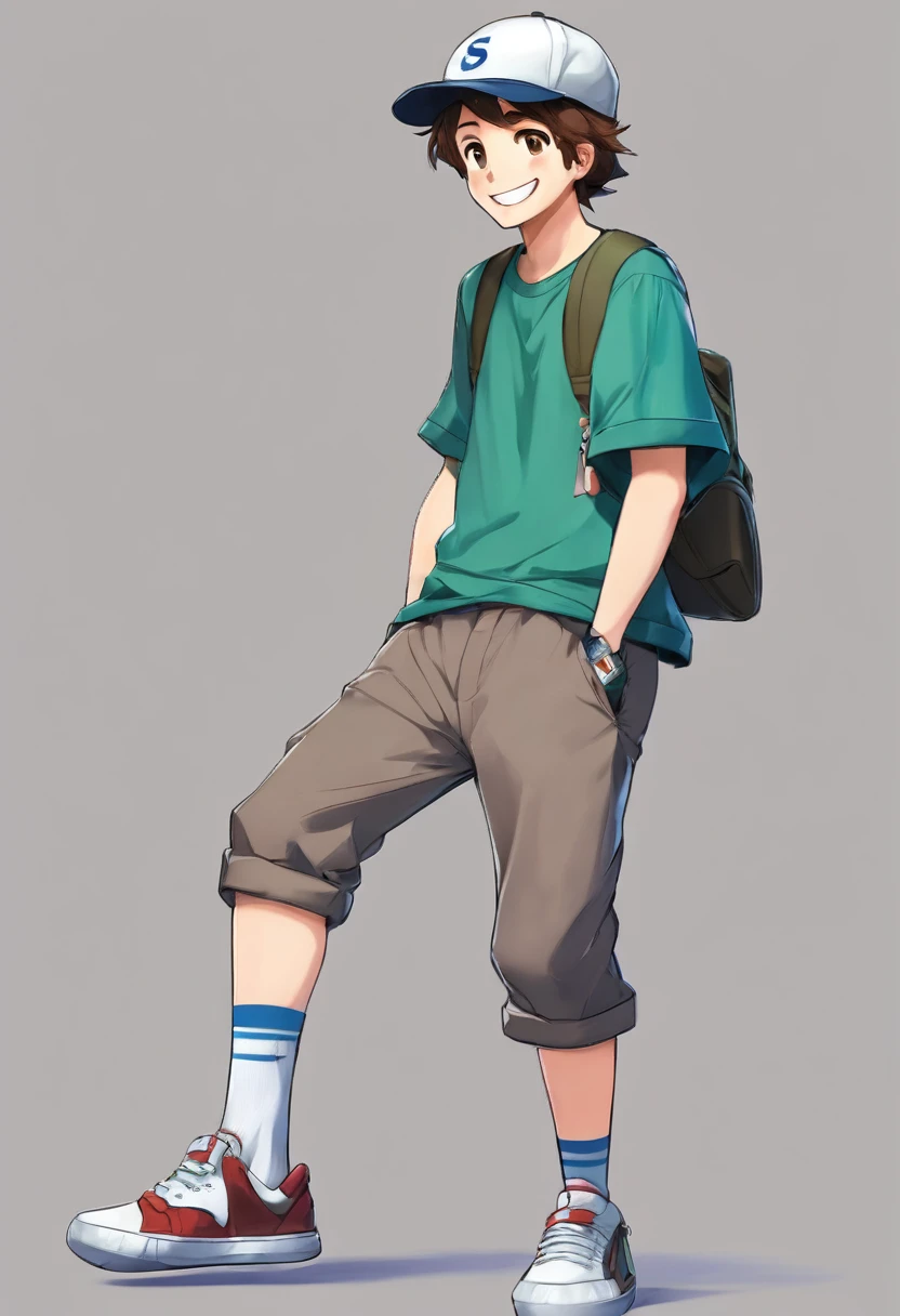 European and American cartoons, game characters, original designs, 1boy, male focus, hat, shirt, brown hair, smile, shoes, full body, wristband, open mouth, green shirt, pants, looking at viewer, standing, blue eyes, gradient background, grey background, , sneakers, gradient, t-shirt, male , baseball cap, short sleeves, simple background, fat, teeth, realistic,