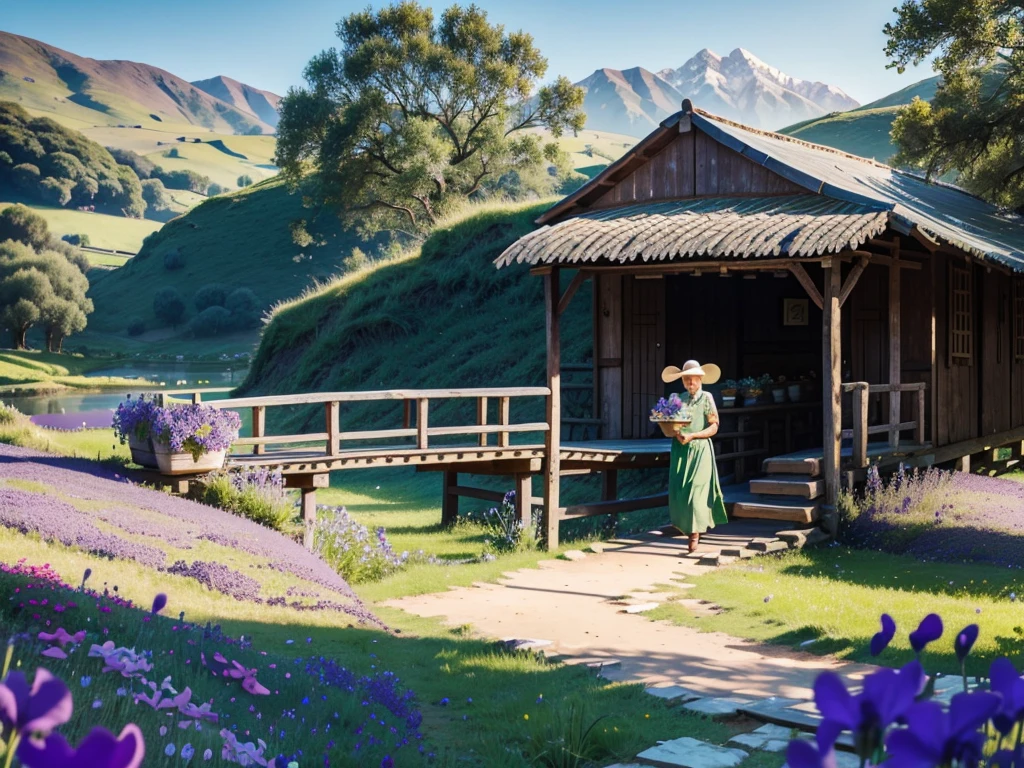 In a ranch with a hut decorated with pots, wide field full of green grass and sheep eating, an 80 year old woman with a tender smile, loose dress, He holds a milk jug and at his side violet flowers, walk across a wooden bridge, in a sunrise environment in the countryside