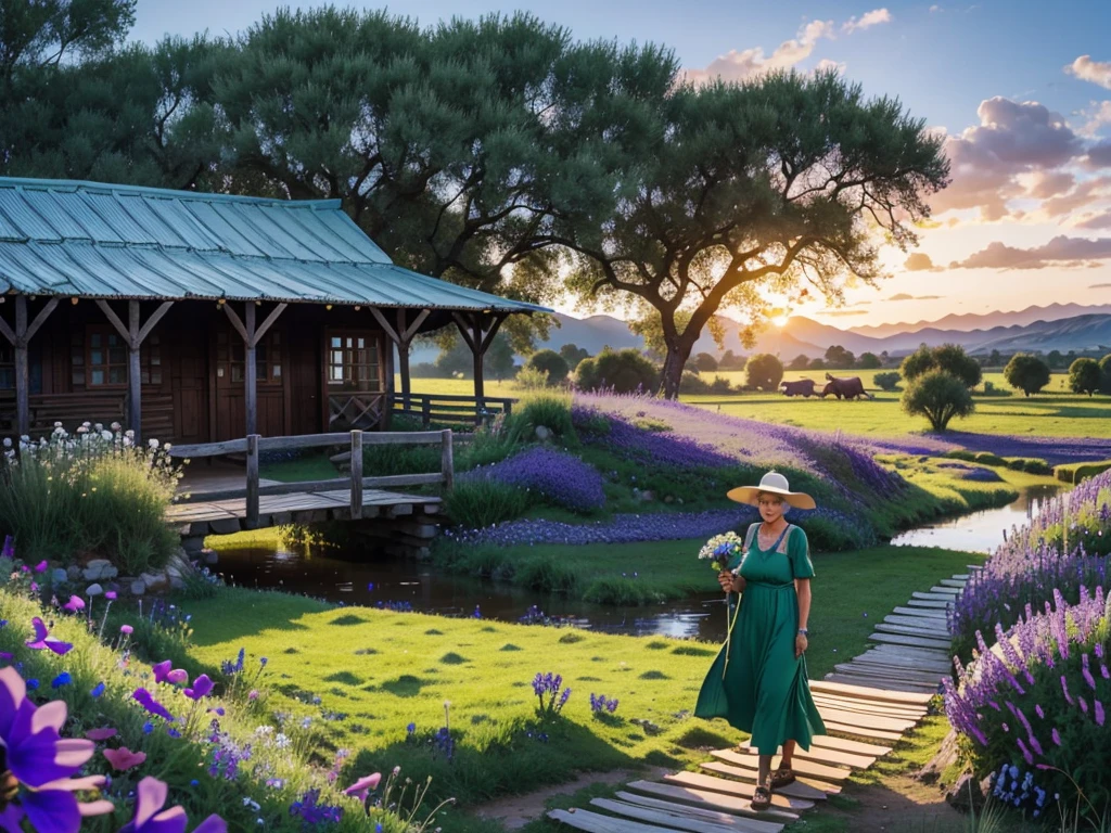 In a ranch with a hut decorated with pots, wide field full of green grass and sheep eating, an 80 year old woman with a tender smile, loose dress, He holds a milk jug and at his side violet flowers, walk across a wooden bridge, in a sunrise environment in the countryside