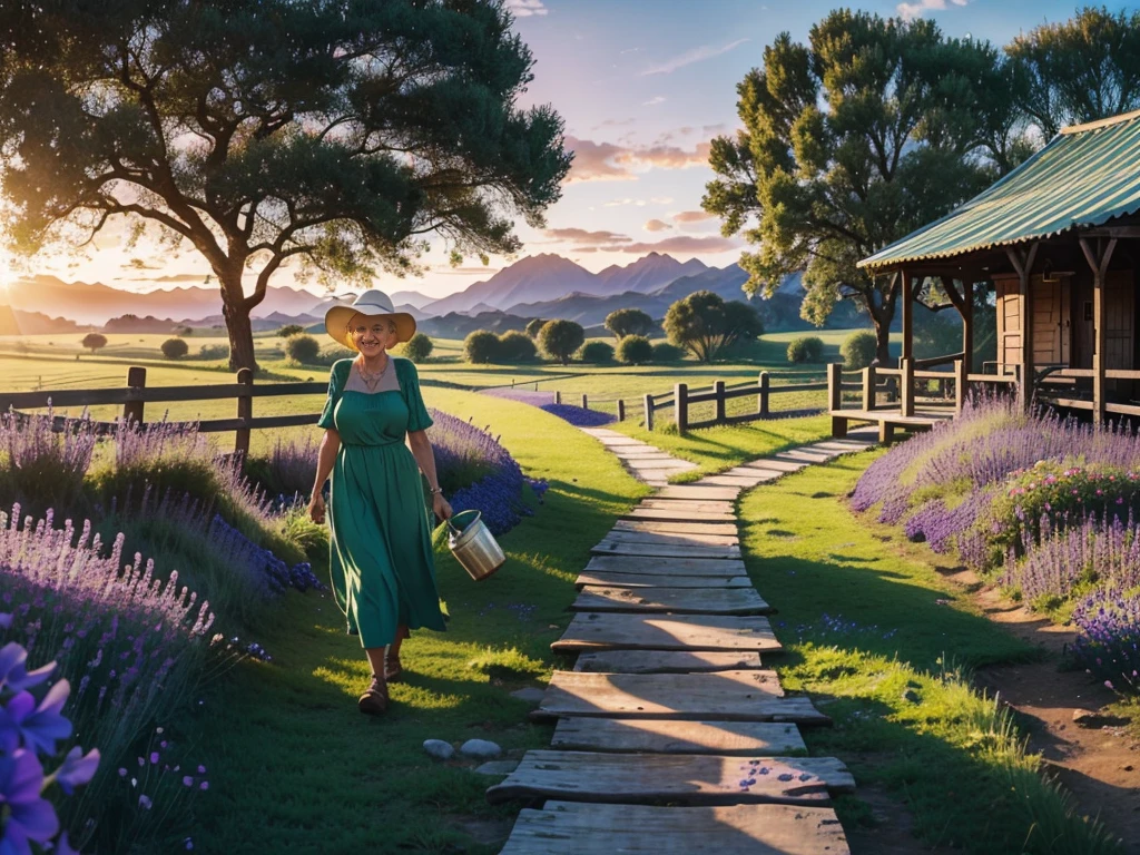 In a ranch with a hut decorated with pots, wide field full of green grass and sheep eating, an 80 year old woman with a tender smile, loose dress, He holds a milk jug and at his side violet flowers, walk across a wooden bridge, in a sunrise environment in the countryside