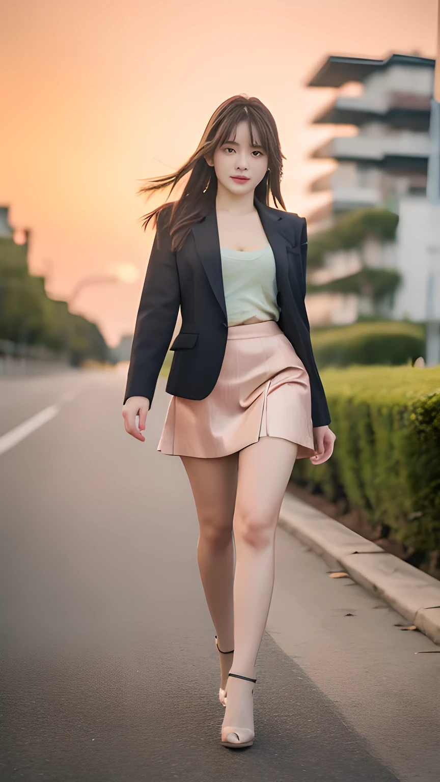 best quality, 8k, very delicate and beautiful, highly detailed face and skin texture, shiny skin, high resolution, sexy japanese girl in suit and tight skirt walking on street at sunset , full body, sharp focus