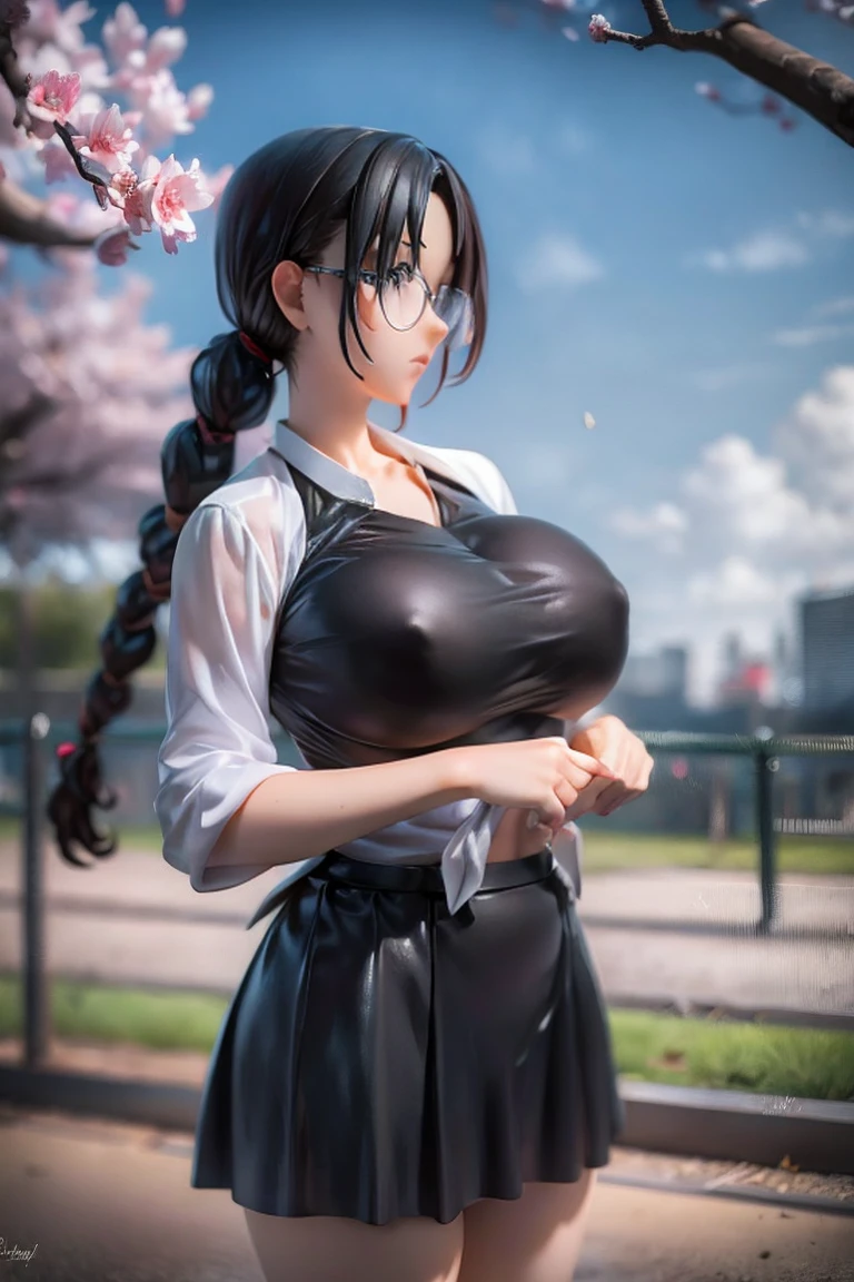 1girl, black skirt, branch, building, chain-link fence, cherry blossoms, fence, long hair, outdoors, petals, pleated skirt, rain, shirt, short sleeves, skirt, solo, standing, tree,
sky,street